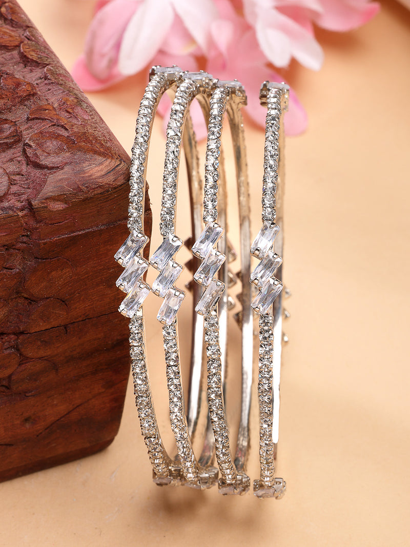 Rhodium Plated with White American Diamonds Studded Thin Bangles