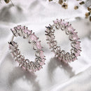 Rhodium Plated Silver Toned Pink American Diamond Embellished Hoop Earrings