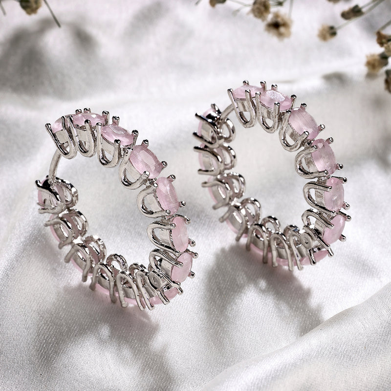 Rhodium Plated Silver Toned Pink American Diamond Embellished Hoop Earrings