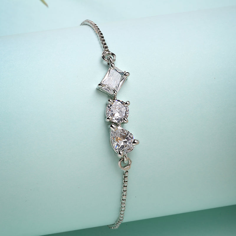 Rhodium Plated Silver Toned White American Diamond Studded Wraparound Bracelet