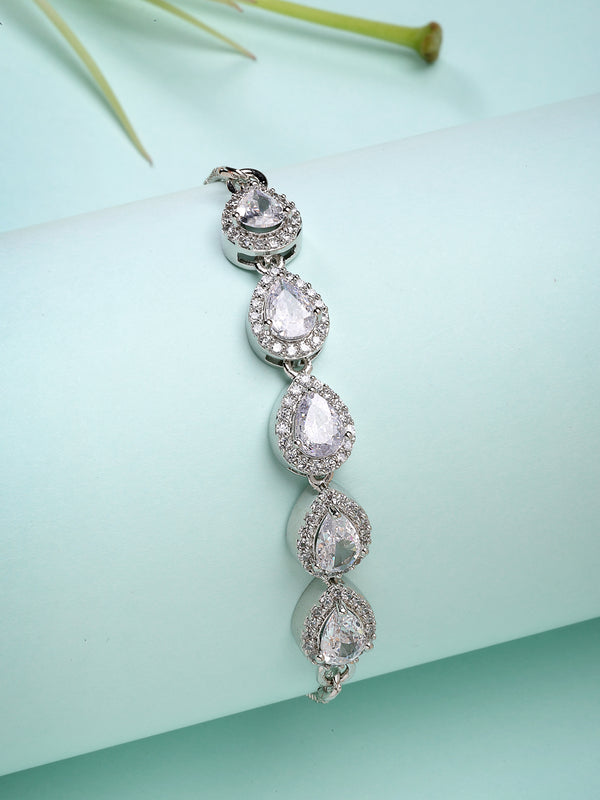 Rhodium Plated Silver Toned Teardrop Shaped White American Diamond Studded Bracelet