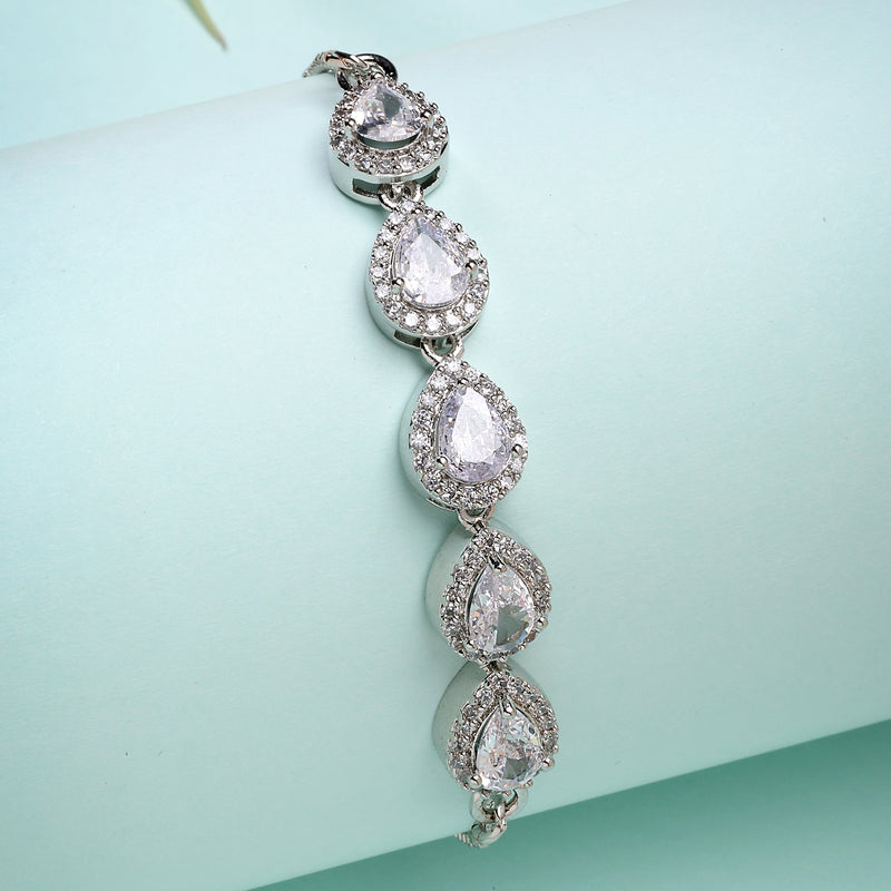 Rhodium Plated Silver Toned Teardrop Shaped White American Diamond Studded Bracelet