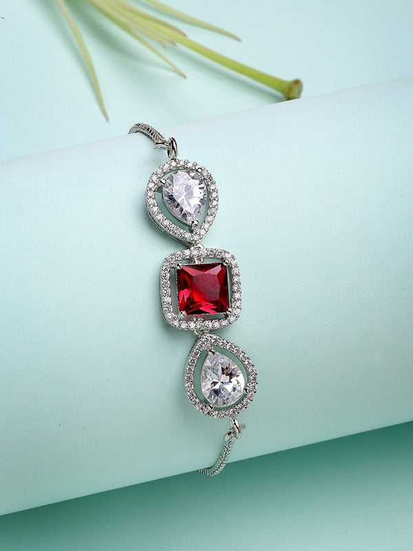 Rhodium Plated Silver Toned Square Shaped Red & White American Diamond Studded Bracelet