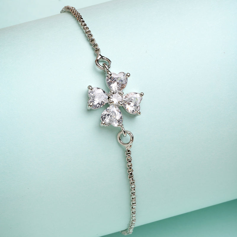 Rhodium Plated Silver Toned Floral White American Diamond Studded Bracelet