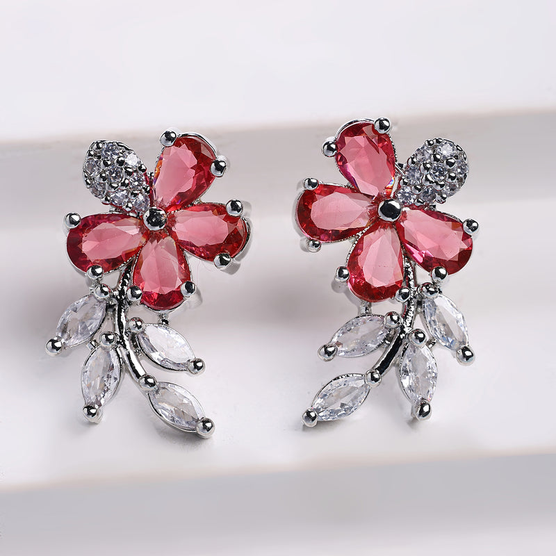 Rhodium Plated Silver Toned Floral Shaped Red & White American Diamond Studded Stud Earrings