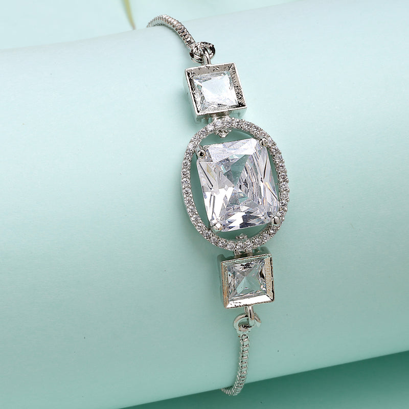 Rhodium Plated Silver Toned Rectangular White American Diamond Studded Bracelet