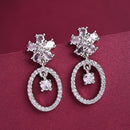 Rhodium Plated Silver Toned Floral Oval Shaped White American Diamond Studded Drop Earrings
