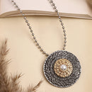 Oxidized Silver Toned Yellow Circular Shaped Pearl Studded Boho Style Pendant Necklace