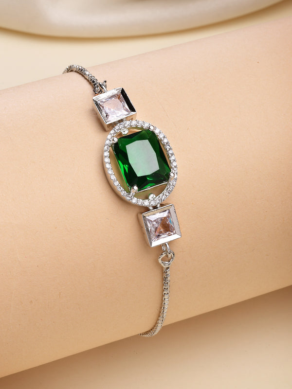 Rhodium Plated Silver Toned Rectangular Emerald Green American Diamond Studded Bracelet