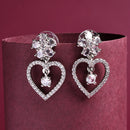 Rhodium Plated Silver Toned Hearty Floral Shaped White American Diamond Studded Drop Earrings