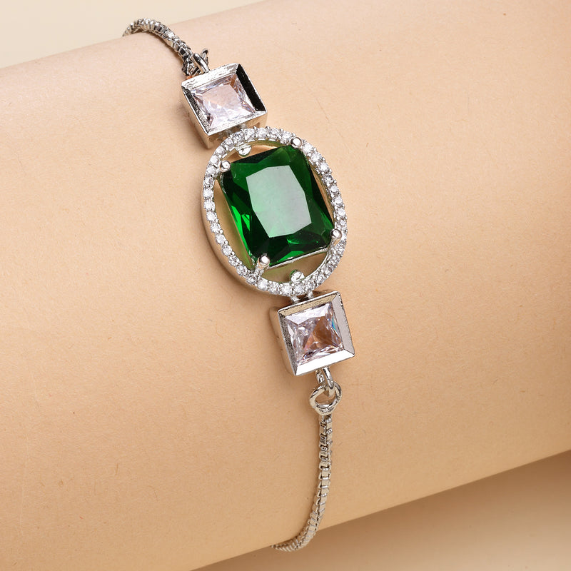 Rhodium Plated Silver Toned Rectangular Emerald Green American Diamond Studded Bracelet
