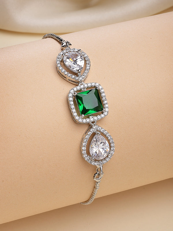 Rhodium Plated Silver Plated Square Emerald Green  American Diamond Studded Bracelet