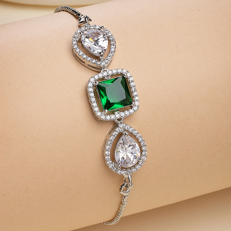 Rhodium Plated Silver Plated Square Emerald Green  American Diamond Studded Bracelet
