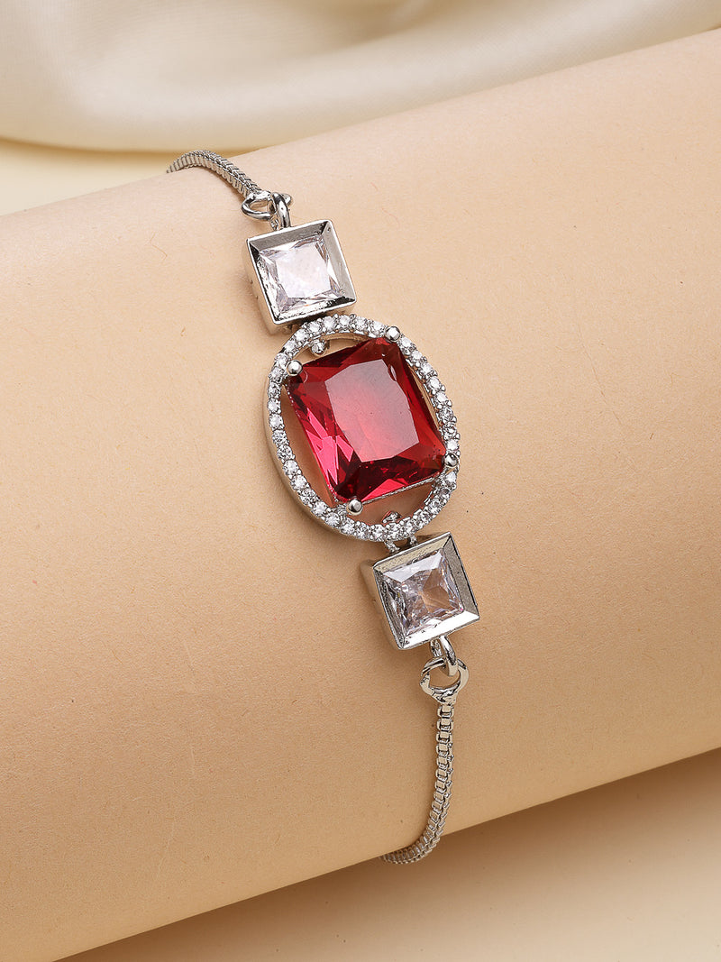 Rhodium Plated with Rectangular Red American Diamond Studded Wraparound Bracelet