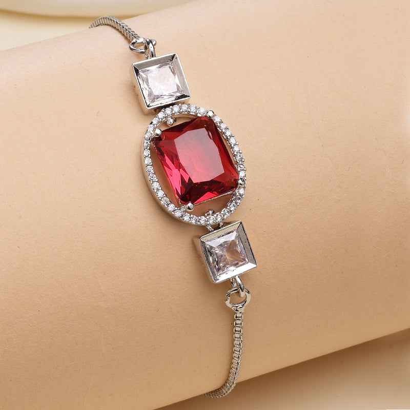 Rhodium Plated Silver Toned Rectangular Ruby Red American Diamond Studded Bracelet