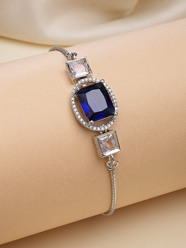 Rhodium Plated Silver Toned Rectangular Royal Blue American Diamond Studded Bracelet