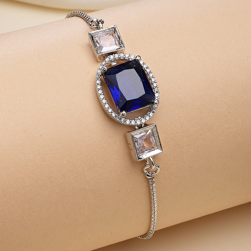 Rhodium Plated Silver Toned Rectangular Royal Blue American Diamond Studded Bracelet