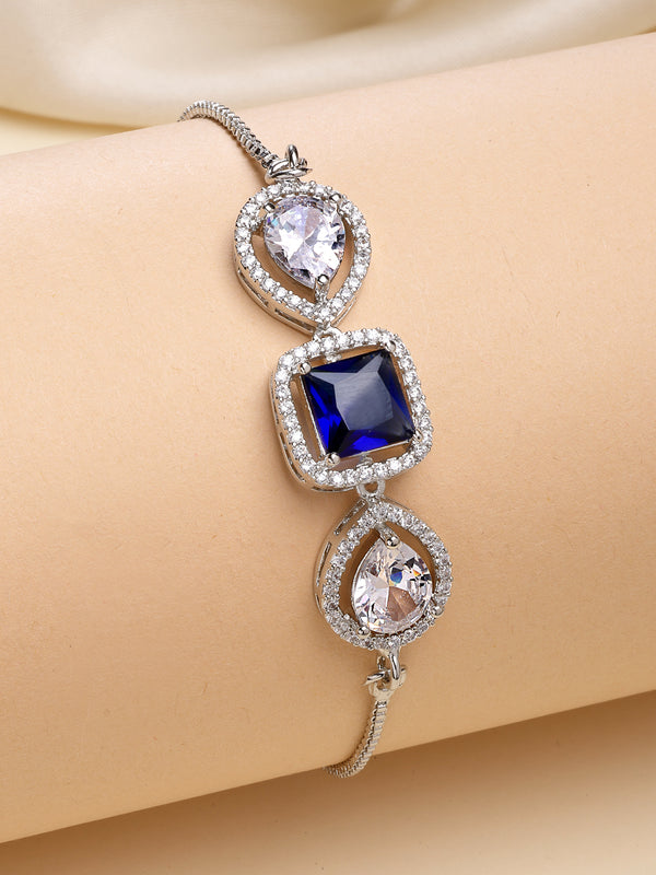 Rhodium Plated Silver Toned Royal Blue American Diamond Studded Bracelet