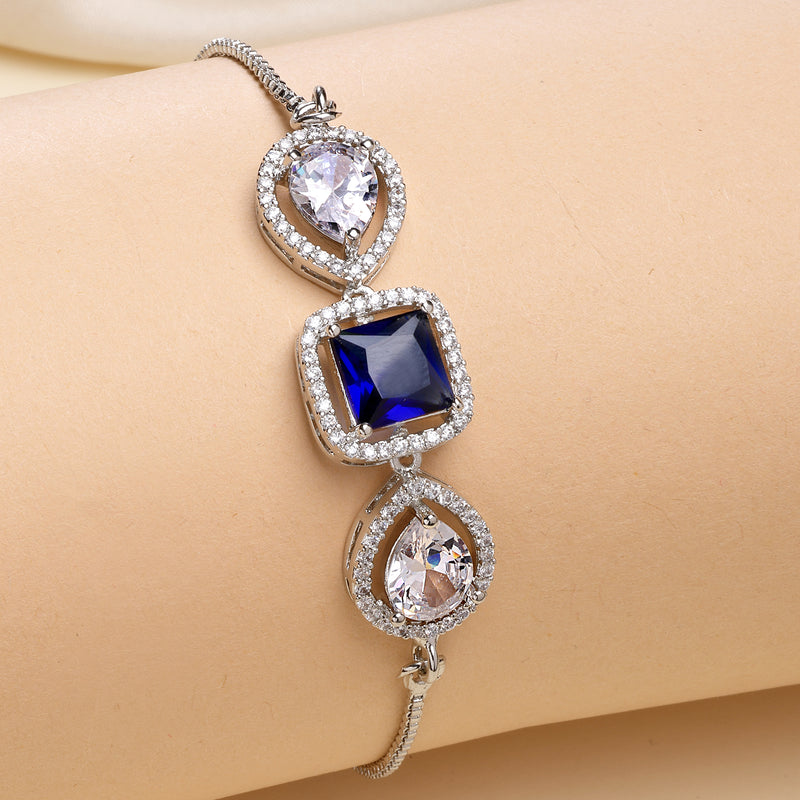 Rhodium Plated Silver Toned Royal Blue American Diamond Studded Bracelet