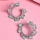Rhodium Plated Silver Toned Sea Green & White American Diamond Embellished Earrings