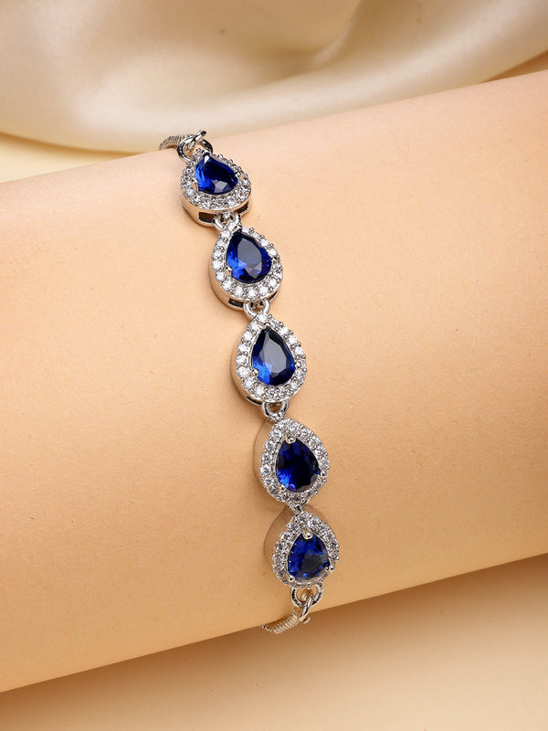 Rhodium Plated with Blue American Diamond Studded in Teardrop Design Wraparound Bracelet