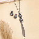Oxidised Silver Toned Blue & Pink Stone Studded Tasseled Pendant Jewellery Set