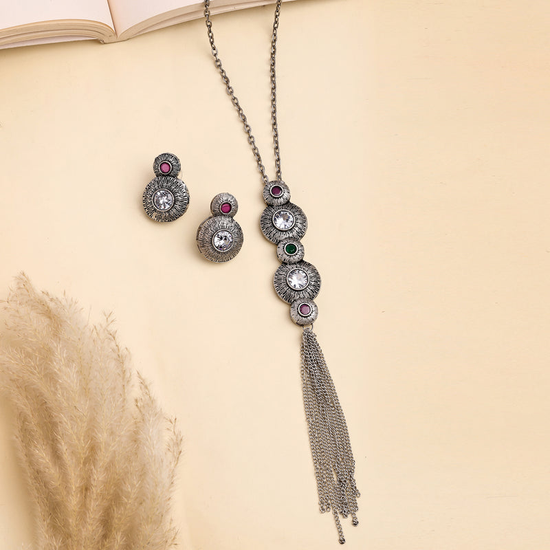 Oxidised Silver Toned Blue & Pink Stone Studded Tasseled Pendant Jewellery Set