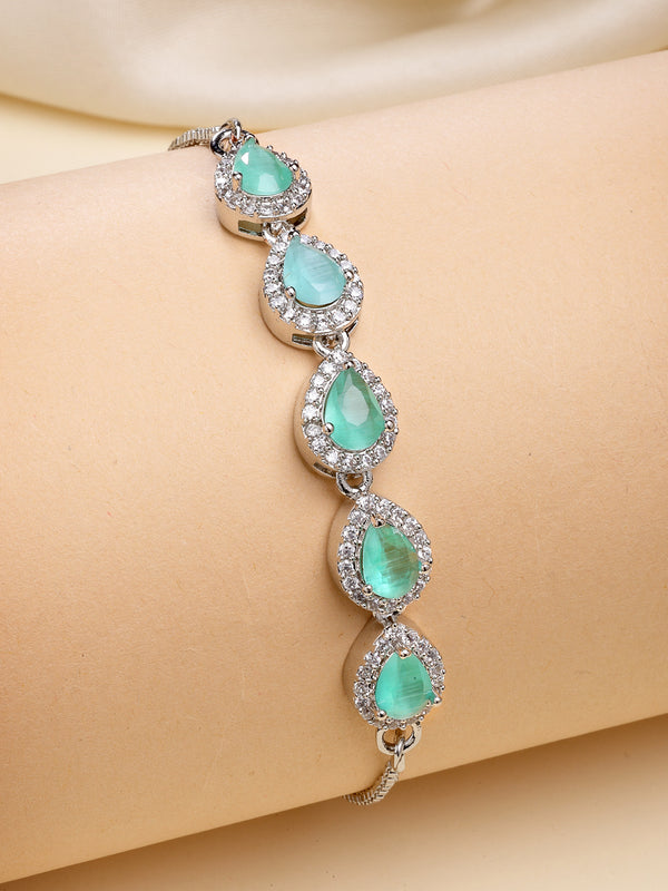 Rhodium Plated Silver Toned Teardrop Sea Green American Diamond Studded Bracelet