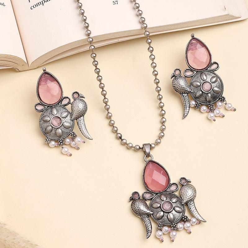 Oxidised Silver Toned Tribal Bird Shaped Pink Cz Studded & Pearl Beaded Pendant Jewellery Set