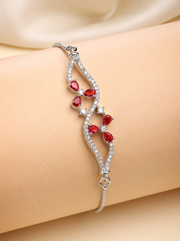 Rhodium Plated Silver Toned Floral Ruby Red American Diamond Studded Bracelet