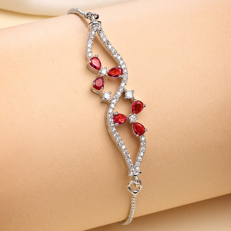 Rhodium Plated Silver Toned Floral Ruby Red American Diamond Studded Bracelet