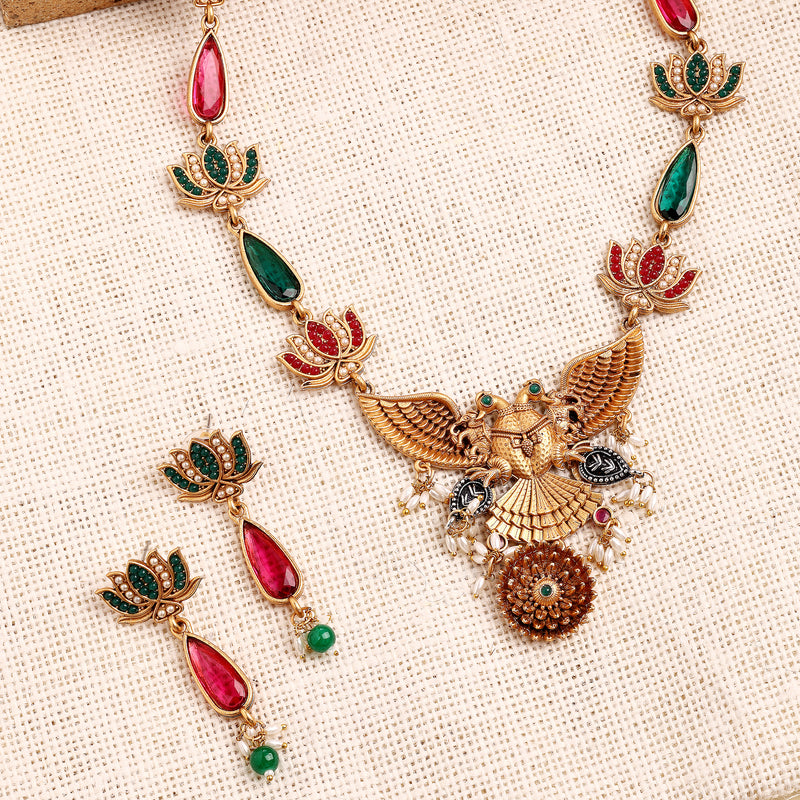 Traditional Gold Plated Lotus Shaped Pink & Blue Stone Studded & Pearl Beaded Jewellery Set