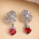 Rhodium Plated Silver Toned Leaf Shaped Red & White American Diamond Studded Drop Earrings
