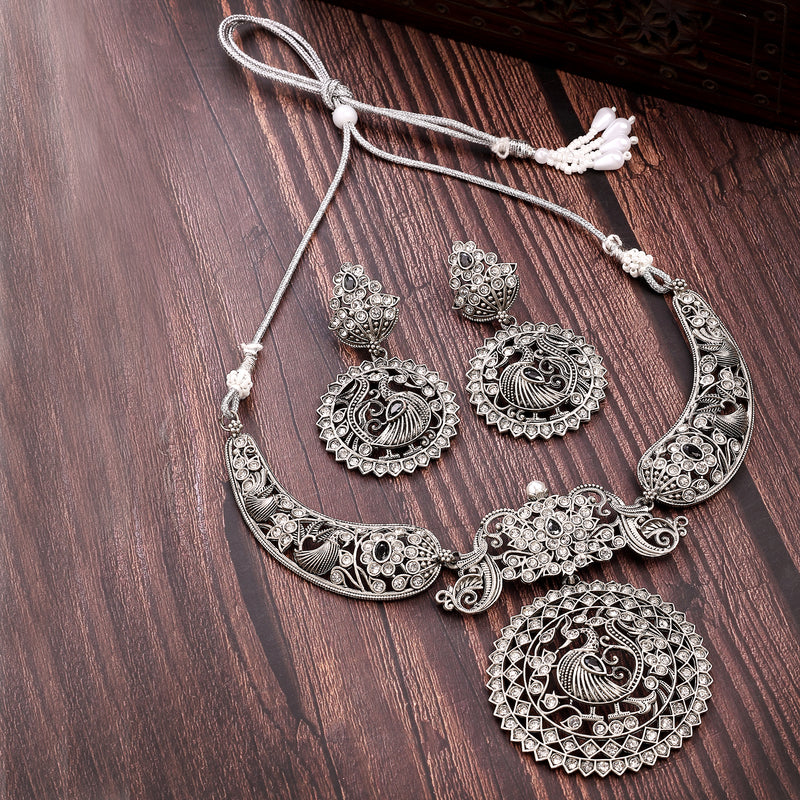 Oxidised Silver Toned Peacock Cubic Zirconia Studded Jewellery Set