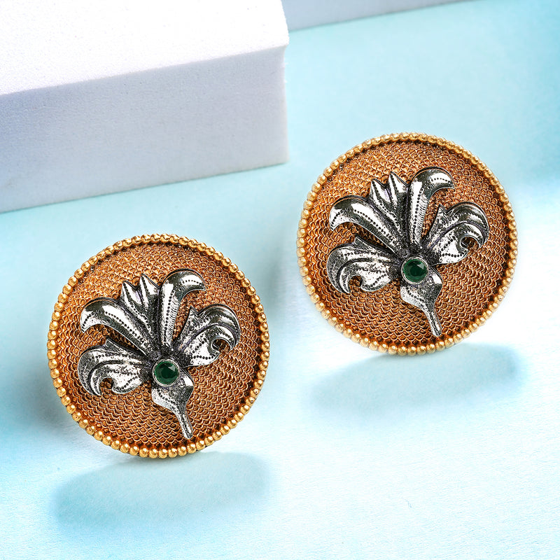 Gold Plated Oxidised Dual Toned Coin Shaped Floral Stud Earrings