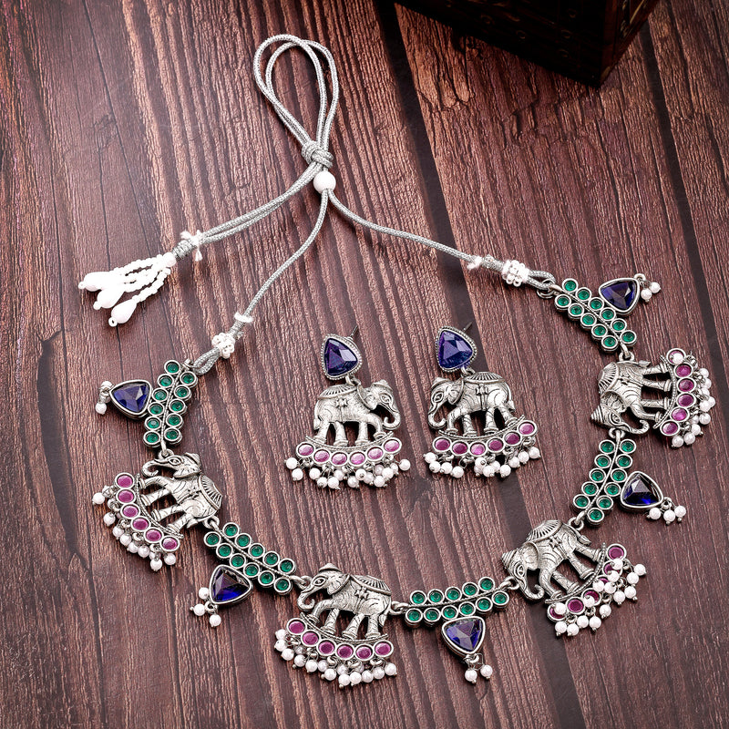 Oxidised Silver Pink & Green Cz Stoned Studded Jewellery Set