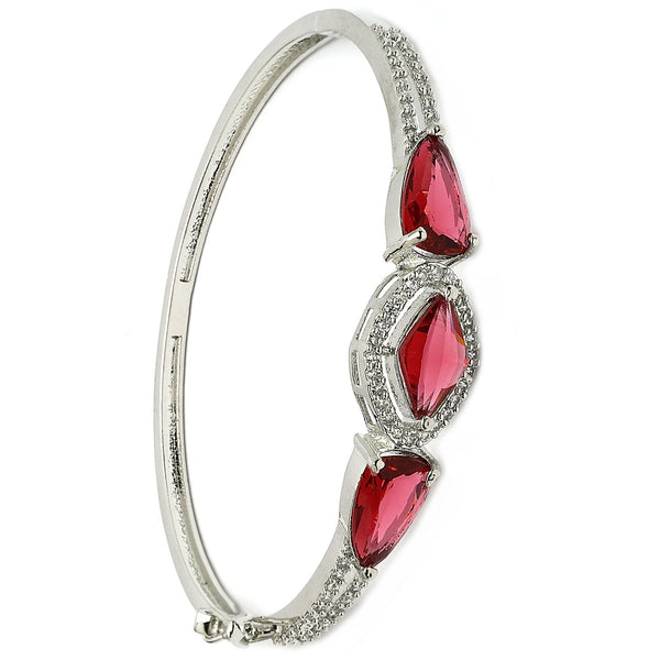 Rhodium Plated Silver Toned Teardrop Shaped Ruby Red American Diamond Studded Bracelet