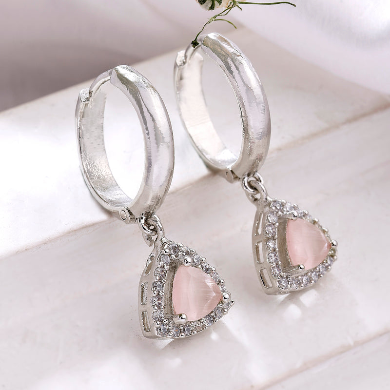 Rhodium Plated Silver Toned Triangle Shaped Pink And White American Diamond Studded Hoop Earrings