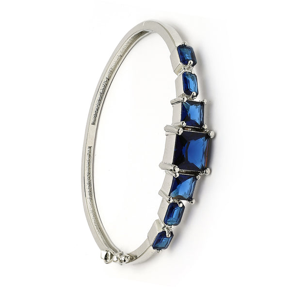 Rhodium Plated Silver Toned Square Shaped Blue American Diamond Studded Bracelet