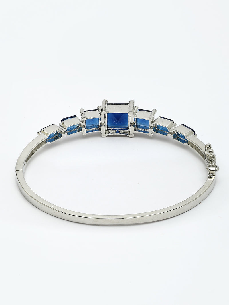 Rhodium Plated with Square Shaped Blue American Diamond Studded Kada Bracelet