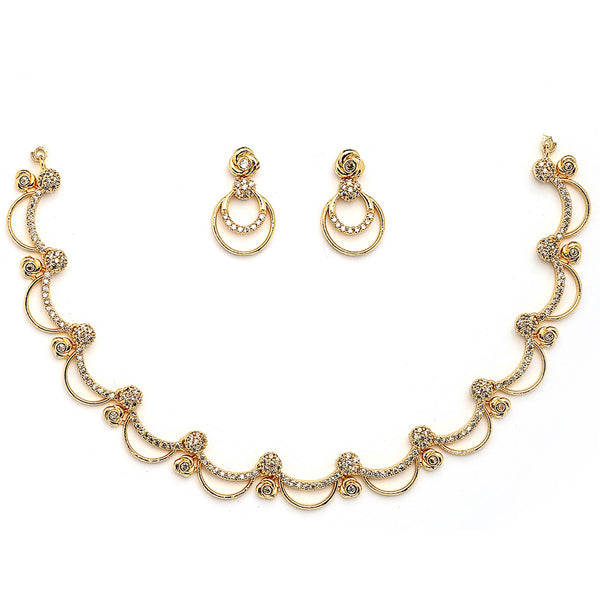 Gold Plated Rose Shaped White American Diamond Studded Jewellery Set