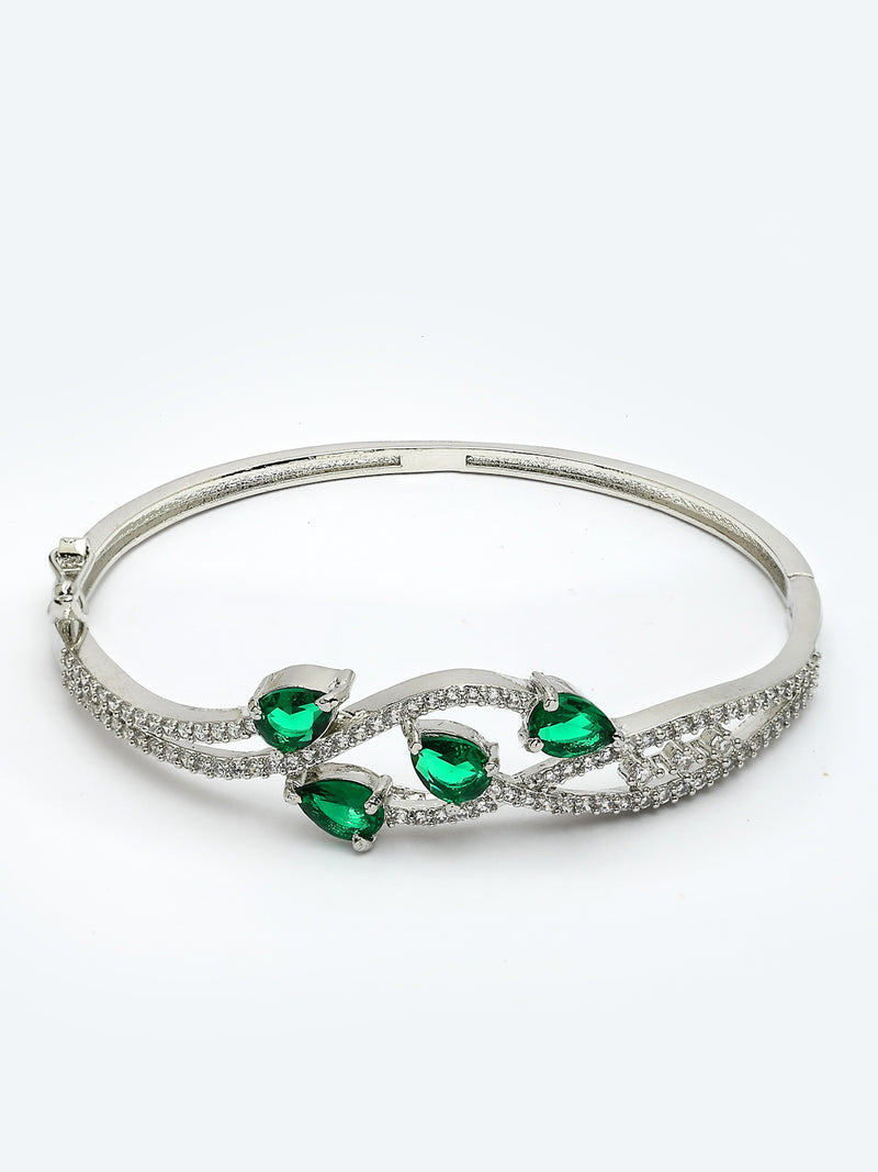 Rhodium Plated with Green American Diamond Studded Leaf Style Design Kada Bracelet