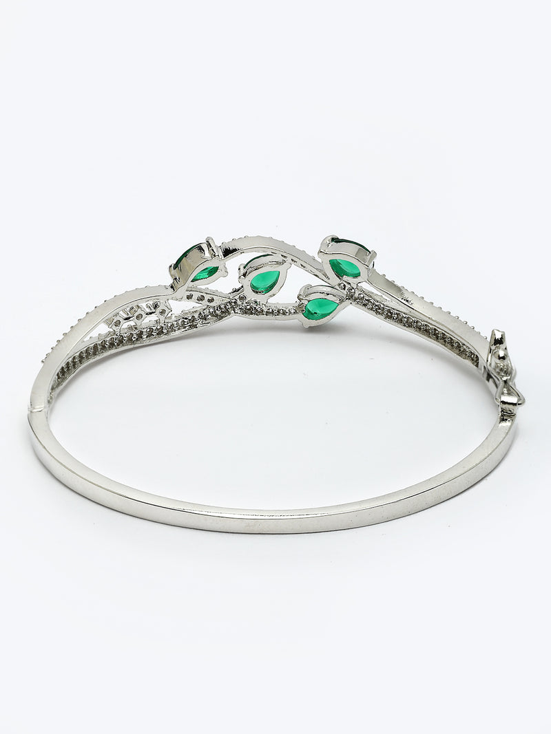 Rhodium Plated with Green American Diamond Studded Leaf Style Design Kada Bracelet