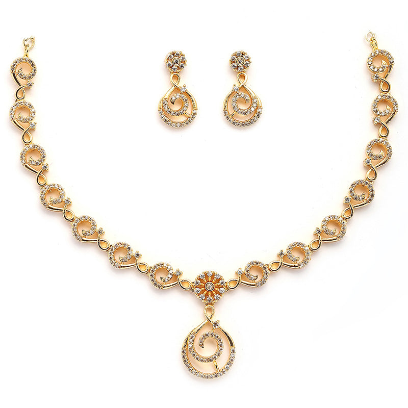 Gold Plated Spiral Shaped White American Diamond Studded Necklace With Earrings Jewellery Set