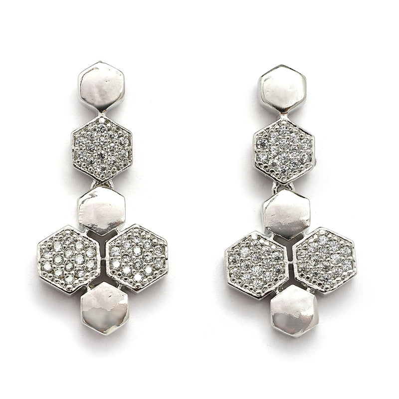 Rhodium Plated Silver Toned Geometrical Shaped White American Diamond Studded Jewellery Set