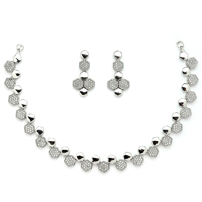 Rhodium Plated Silver Toned Geometrical Shaped White American Diamond Studded Jewellery Set