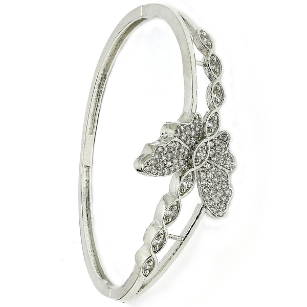 Rhodium Plated Silver Toned  Butterfly Shaped White American Diamond Studded Bracelet