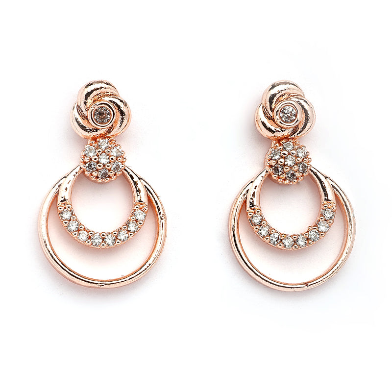 Rose Gold Plated Rose Shaped White American Diamond Studded Jewellery Set