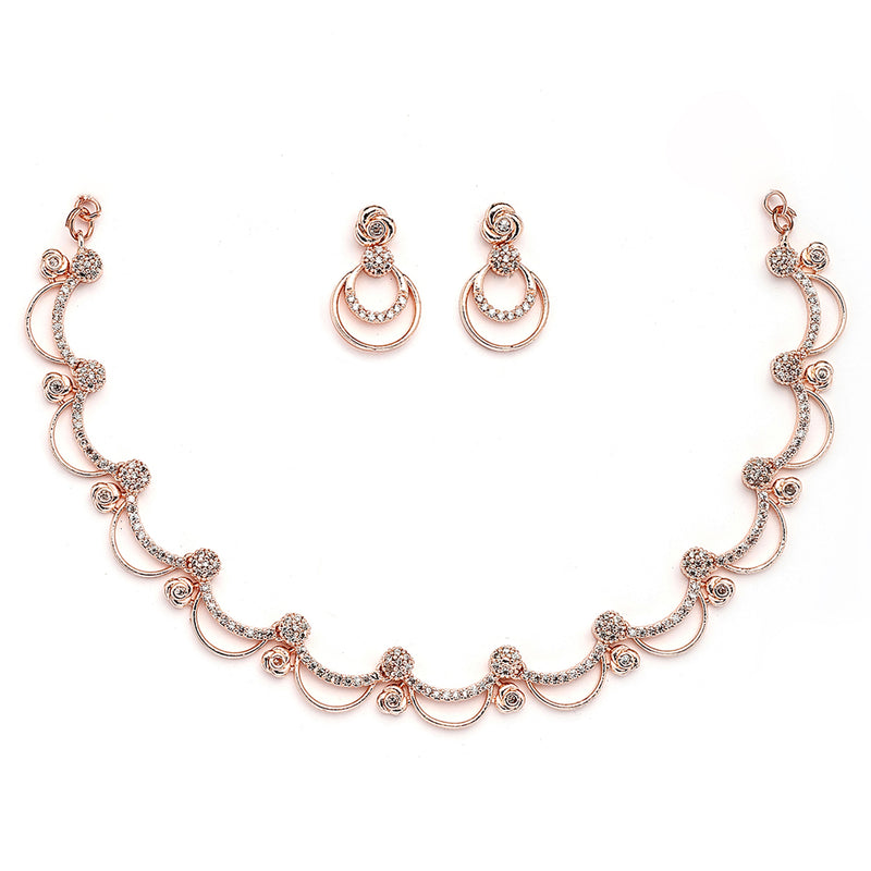 Rose Gold Plated Rose Shaped White American Diamond Studded Jewellery Set