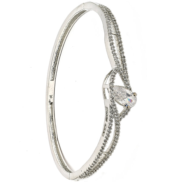 Rhodium Plated Silver Toned White Tear Drop Shaped American Diamond Studded Bracelet